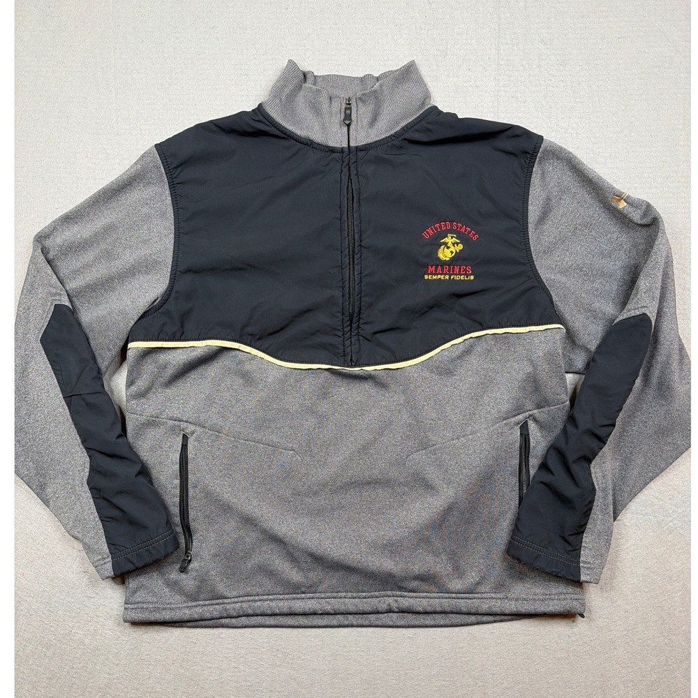 Under Armour USMC Marines ColdGear 1/4 Zip Pullover Grey Black Mens Large Loose